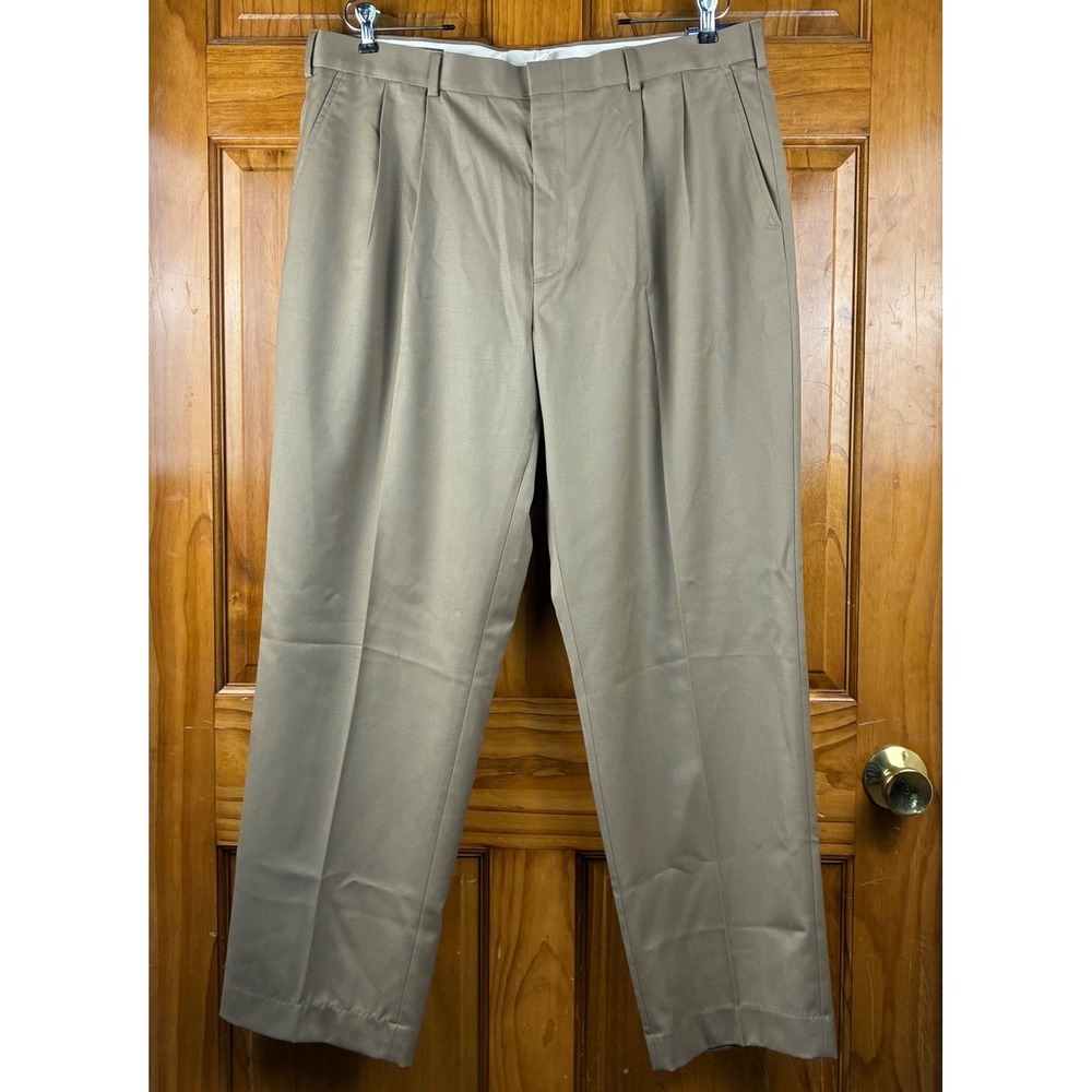 Lands' End Mens 100% Wool Pleated Dress Pants Khaki Tan 38x31 Straight Leg
